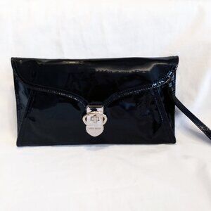 Karen Millen Black Patent Leather Clutch Bag-Leopard Print Interior & Hand Strap